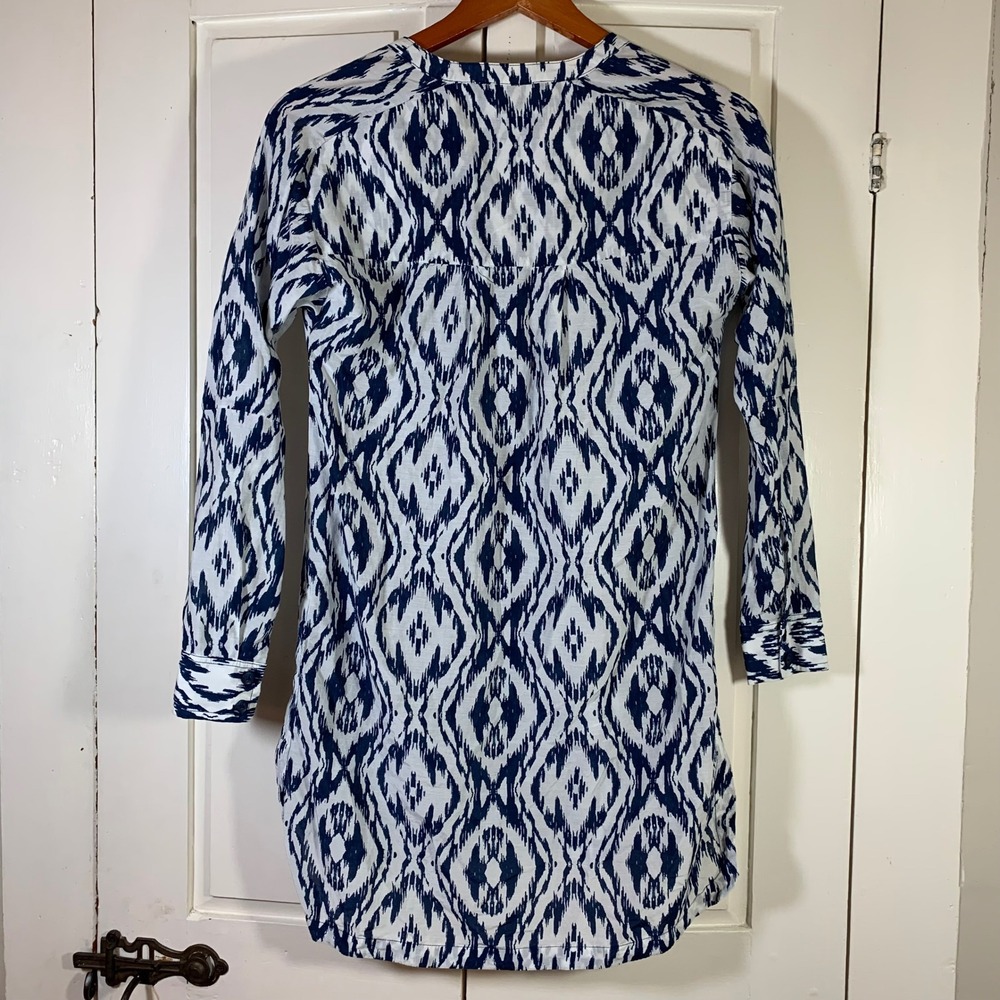 Athleta Ikat Print Tunic Top Women XXS Blue White Cotton Silk Shirt Dress Preppy - Picture 2 of 14